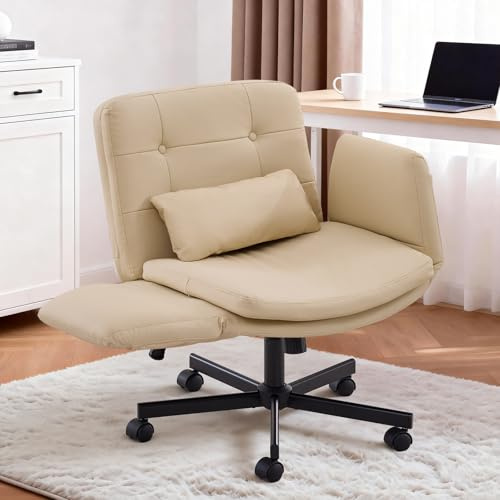 SAMERY Homeoffice Stuhl, Schreibtischstuhl, Drehstuhl, Schminkstuhl mit klappbaren Armlehnen, Höhenverstellbar, 360° drehbar, Doppellagiger Breitsitz, für Arbeitszimmer Schlafzimmer (Beige, 9300)