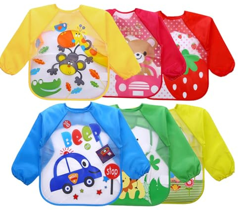 EchoDone 6 Packs Waterproof Children's Art Smock Kids Painting Aprons Long Sleeve Smock for Eating 1-4 Years