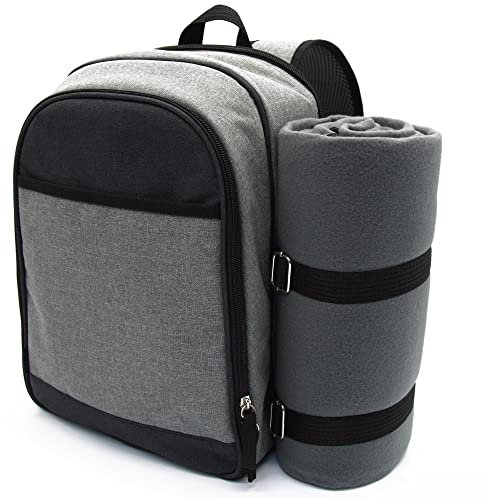 Andrew James 2 Person Picnic Bag & Picnic Blanket – Insulated Cooler Bag perfect for Outdoor Dining Camping, and Beach Days – Waterproof Backpack Picnic Set with Glasses, Plates and Cutlery Set for 2.