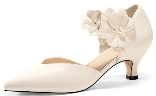 Coutgo Womens Low Kitten Heels Dressy Shoes Comfortable Closed Toe Flower Slip on Formal Party Dance Heeled Pumps, Creamy-White, Size 10