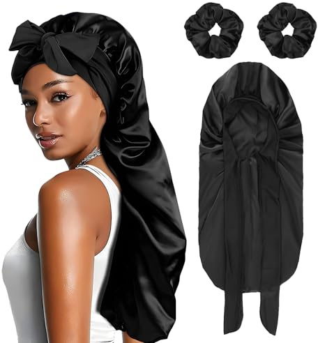 Starvortex Grand bonnet en satin pour cheveux soyeux pour dormir avec 2 chouchous en satin, bonnet réglable pour femme, bonnet en soie douce toute la nuit pour soins des cheveux longs et bouclés, noir