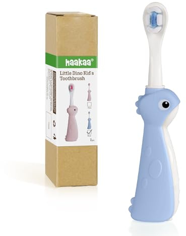 haakaa Dinosaur Toothbrush for Kids 2-4 – Soft Bristles Baby Toothbrush for Toddlers with Silicone Handle, Non-Slip Grip & Tongue Cleaner, BPA Free - Blue, 1 Count