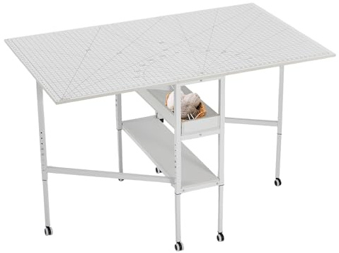 EROMMY Foldable Sewing Cutting Table,with Measuring Grid for Large Fabric,Mobile Height Adjustable with Storage Shelves,for Home Office