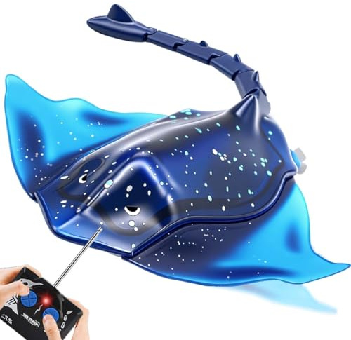 QUN XING Remote Control Stingray Pool Toy Realistic Swimming RC Manta Ray Diving Rechargeable Battery & LED Lights Summer Water Toy Gift for Kids Ages 8-12, Blue