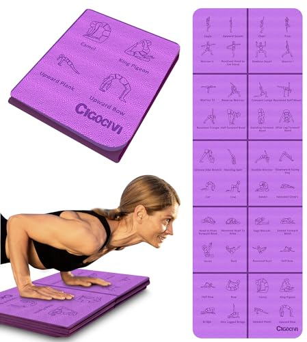 CIGOCIVI Foldable Thick Yoga Mat with Asanas Poses -Christmas Gifts for Wife and Girls, Non-slip 8mm Thicken Instructional Exercise Mat for Home Workout, 72x24x0.3 (Purple) ﻿