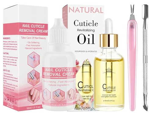 Cuticle Care Kit - Cuticle Remover & Cuticle Oil Set - Nail Care Kit with 30ml Remover Cream, 15ml Revitalizer Nourishing Oil, Pusher & Fork for Dry Cuticles, DIY Manicure Promote Nail Growth Strength