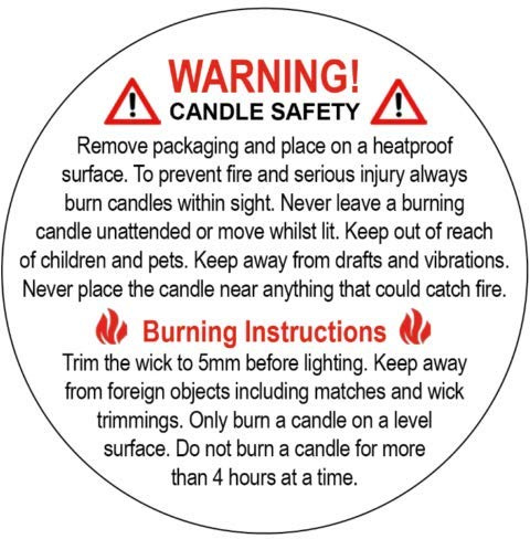 Warning! Candle Safety - Professionally Printed Packing Stickers/Labels (200 Labels on Sheet)