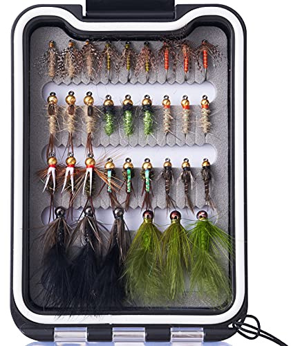 Bassdash Set di mosche per pesca a mosca con scatola per mosca, 36/64/72/76/80/96 pezzi, con mosche secche/mosche bagnate, ninfe, streamers, popper (33 pezzi per barbecue e trout barbless)