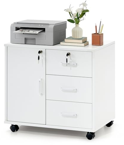 LEMROE Mobile File Cabinet with Lockable Cabinet and 3-Drawer, Office Lateral Filing Cabinet for Documents Printer Stand with Drawers Home Office, White
