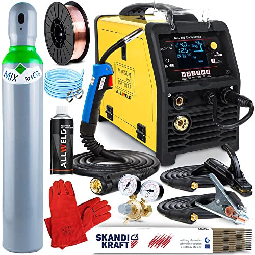 MIG 209 ALU LCD - Synergisches 3 in 1 MIG MAG Schweißgerät - Schutzgas und Fülldraht für: Aluminium, Schwarzstahl, Edelstahl, Lötschweißen - WIG und MMA - Set:Professional
