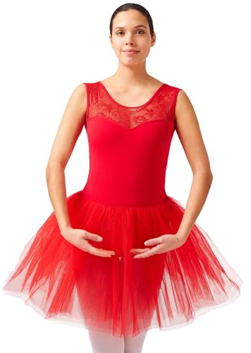 tanzmuster Ballettkleid Mädchen Tutu - Lottie - weiche Baumwolle - Spitzeneinsatz - Ballettbody für Kinder Ballett Trikot rot, 128/134
