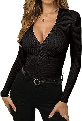 Wenrine Maglia da donna a maniche lunghe con scollo a V, sexy, slim fit, a costine