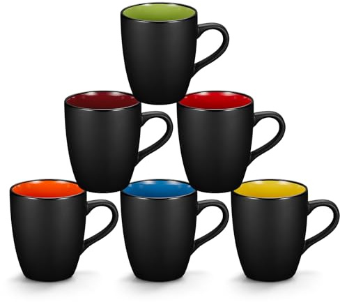 Qipecedm 6 Pack Porcelain Coffee Mugs Set, 12 Ounces Ceramic Coffee Mugs, Matte Black Coffee Mug, Restaurant Cups for Coffee, Tea, Cappuccino, Cocoa, Cereal, Black outside and Colorful inside
