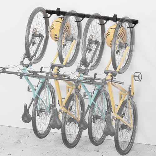 monTEK Enhanced Bike Storage Rack, Adjustable 4-Bike and 2-Helmet Hangers for Indoor Bike Storage, Customizable for Various Bike Sizes, Heavy-Duty Steel Bike Wall Mount, Max Load 265lbs, 48-in