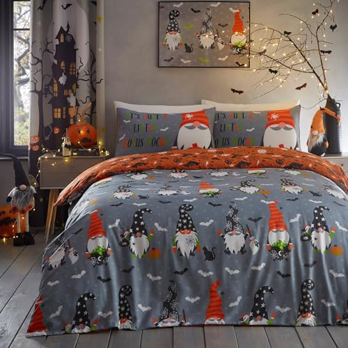 Copriletto Gonks Spaventosi Bedlam - Matrimoniale (200 x 200cm) - Reversibile (2 Design) - Copriletto Luminoso al Buio - Pipistrelli e Zucche Spaventose - Decorazioni Halloween