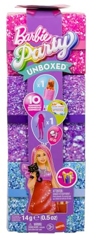 Barbie Party Unboxed Puppe und Accessoires, Glam Party Serie mit 10 Überraschungen, darunter eine rote glitzernde Puppe mit Farbwechseleffekt, JFY68