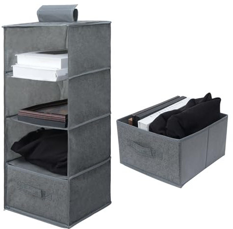 Minnhua Rangement Suspendu Tissu avec 4 Compartiments, Étagère de Penderie à Suspendre Pliable avec 1 Tiroir, Lavable Organisateur Suspendu, Penderie Vetement avec Renfort Intérieur (Gris)