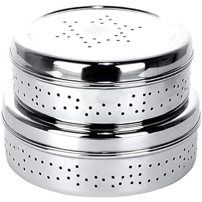 Stainless Steel Sprout Maker | Green Coriander Storage Box | Hole Puri Dabbas/Flat Canisters | Curry Leaves Box with Air Ventilation Food Container| Steel Utility Container | 300ml & 200ml Set
