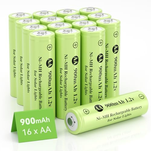 JiajaX AA 1,2 V Ni-MH uppladdningsbart batteri, dubbel A 900 mAh 1,2 V solbatteri förladdat, hög kapacitet för solljus, ljusslingor, soldrivna gångvägslampor (AA-900mAh-16 pack)