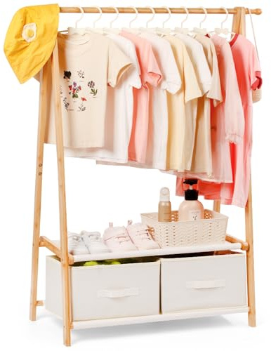 Relquorax Perchero de bambú para niños, 2 cajas y 2 estantes, barra para colgar ropa, habitación de los niños, color natural