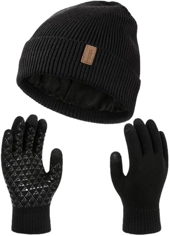 ASYBHYY Gorro Invierno Hombre con Guantes Táctiles Antideslizante Táctil Gruesa y Suave Forrado Conjunto Punto Sombreros Slouchy Calentar para Mujeres y Hombres