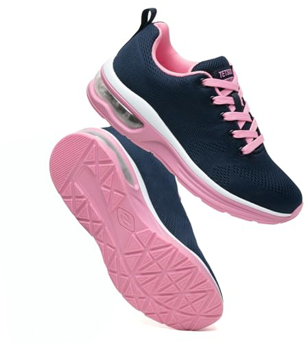 Womens Trainers Outdoor Running Shoes Air Cushion Athletic Walking Shoes Ladies Sneakers Breathable Mesh Sport Shoes Lightweight Tennis Shoes Workout Casual Jogging Shoes Blue Pink