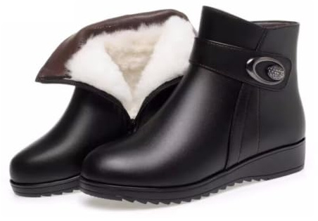 FJZFXKZL Stivaletti alla caviglia con tacco basso e zeppa da donna, caldi stivali ortopedici in pelle e lana foderati in pelliccia, stivali da neve con cerniera laterale(Black-A,36 EU)