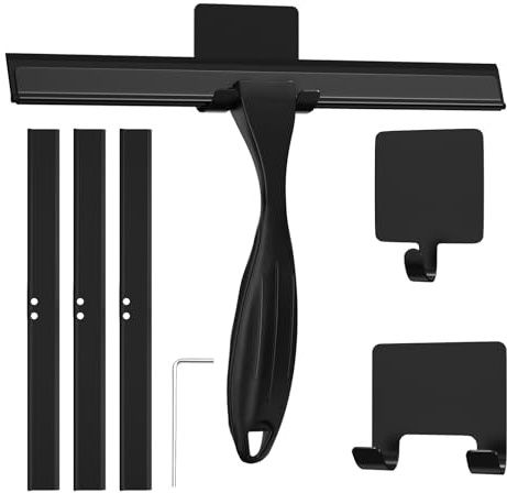 Solyxis 25 Cm Tergivetro per Doccia In Acciaio Inossidabile, Tira Acqua da Doccia + 2 Ganci Autoadesivi & 3 Labbra Silicone, Antiscivolo & Maneggevole, Tiraacqua Vetri Doccia Raccogli, Per Bagno, Nero