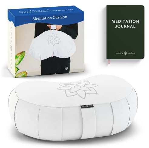 Mindful & Modern Large Meditation Cushion | Zafu Yoga Bolster Meditation Floor Pillow Seat | Buckwheat Hull Filled Crescent Shaped Cushion with Removable Washable Cover + Carry Handle | White