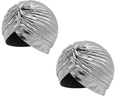 Carnavalife Confezione da 2 Cappelli a Turbante con Testa Pieghettata Cappello India Arabian Sun Turban Hood Vintage Festival Tinta Unita Unisex (Argento x 2, Taglia Unica)