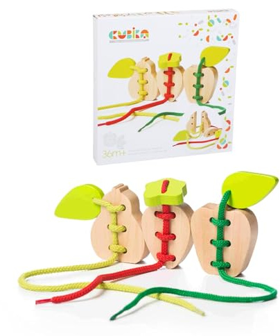 CUBIKA Wooden Lacing Fruit Set – Montessori Threading Toy for Toddlers Ages 3+ – Made from Natural Wood with Water-Based Paints – Travel-Friendly Educational Gift for Boys & Girls