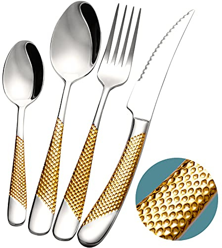 Xideman® set di posate 24 pezzi moderne Argento oro martellato con coltello seghettato 2 in 1 ultra affilato, servizio posate acciaio inox 18/10, set forchette cucchiai coltelli 6 persone