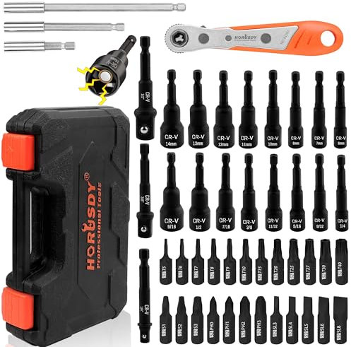 HORUSDY 47-Piece Magnetic Nut Driver Set | 1/4'' Quick-Change Hex Shank for Impact Drill | Metric (6-14mm) & Imperial (1/4''-9/16'') | Cr-V Steel | Bit Extension & Drill Bit Adapter