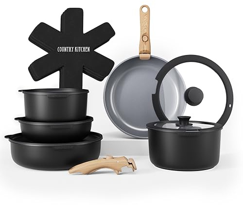 Country Kitchen 16 Piece Pots and Pans Set - Safe Nonstick Kitchen Cookware with Soft Touch Wooden Removable Handle, RV Cookware Set, Oven Safe (Black)