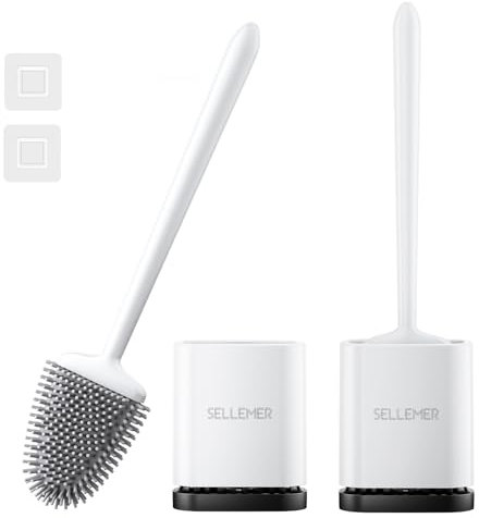 Sellemer 2 Pack Silicone Toilet Brush with Holder: Wall/Floor Mounted WC Brush, with Quick-Drying Holder, Flexible Silicon Scrubber for Toilet (White)