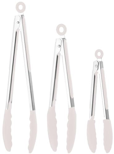 BASVII Grillzange Silikon 3er-Set, Zange Küche Aus Edelstahl Und Silikon, HochtemperaturbestäNdig, Mit Sicherheitsverschluss, Starker Griff, Küchenzange Silikon Geeignet Kochen Cooking (Weiß)