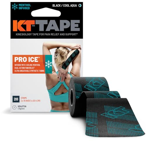KT Tape, Pro Ice, Menthol Infused Kinesiology Tape, 20 Count, 10 Precut Strips, Black