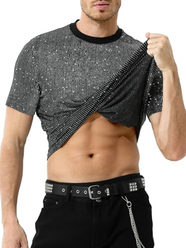 Mauro Kane Camisetas Lentejuelas Hombre Manga Corta Camiseta Brillante T-Shirt Rock Festival Fiesta Discoteca Jazz Dance Clubwear Punk Metalizada Rayas Plateadas L