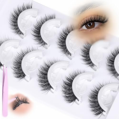 Selbstklebende Wimpern Kit Katzenaugenwimpern Natürlicher Look Vorgeklebte Wimpern Klares Band Falsche Wimpern D Curl 8-14MM Selbstklebende Wimpern Flauschige Wimpern Wispy 5 Paare von Lvmixwig