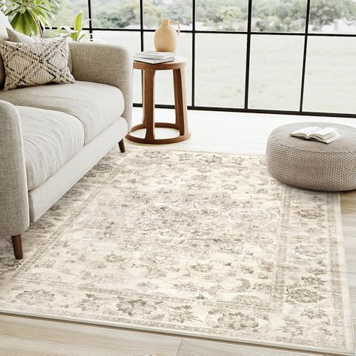 HUGEAR Vintage Beige Waschbarer Teppich Wohnzimmer 120x170cm Retro Rugs for Living Room Weich rutschfest Groß Tepich Kurzflor Schlafzimmer Carpet Living Room Bedroom Esszimmer Teppiche Büro
