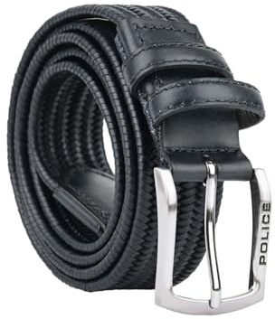 Police Ceinture Tressée Élastique en Cuir Véritable pour Homme, 3.5 cm, Confortable, Ajustable, Livrée avec Boîte Cadeau