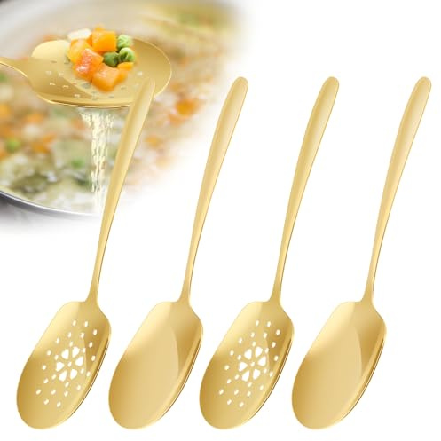 4 st stora serveringsskedar rostfritt stål buffé serveringsskedar inkluderar 2 stora serveringsskedar och 2 slitsade skedar servetredskap set för fest, bankett, buffé, diskmaskinssäker (gyllene)
