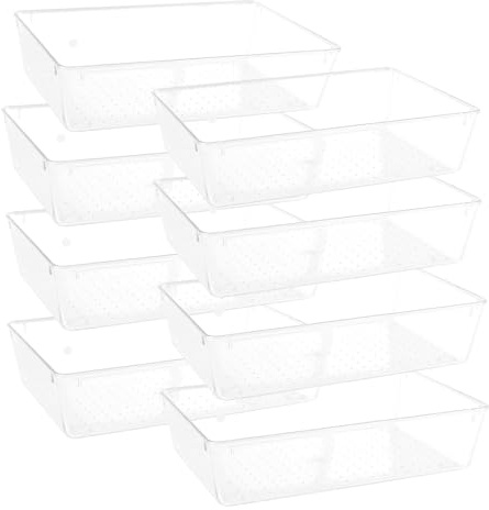 YUENPUN 8PCS Clear Drawer Organiser, 23x15.5x5.5cm Stackable Fridge Organisers Boxes, Makeup Organisers Trays for Bedroom, Bathroom, Office, Kitchen