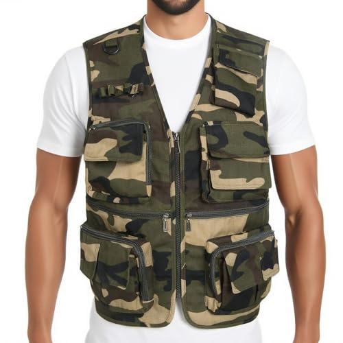 LISUHEPEAL Men’s Fishing Vest Summer Outdoor Work Safari Travel Photo Vest with Multi Pockets (818-Camouflage, XXL)