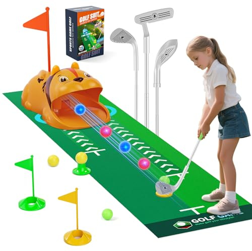 Kids Toy Golf Set with Automatic Ball Returner, LED Light Up Golf Balls, 3 Clubs & Putting Mat for Age 3+, Toddler Mini Golf Games, Indoor Outdoor Sport Toys Gifts for Boys Girls Aged 3 4 5 6 7 8