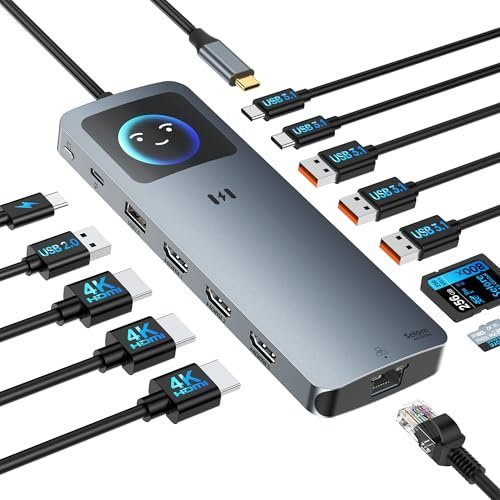 HDMI USB C 3 dockningsstation för bärbar dator 3 skärmar 13-i-1 USB C-hubb trippelskärm med 3 HDMI-portar 4 K, 2,5 G Ethernet, 100 W PD, 5 x 10 Gbps USB 3.1, smart skärm, SD/TF för