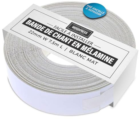 WoodPress® 22 mm Mélamine Blanc Mat Bande de Chant en Placage Préencollé – Rouleau de 7,5 m – Application à Repasser facile à faire soi-même, couvre le bord d'un panneau MDF standard