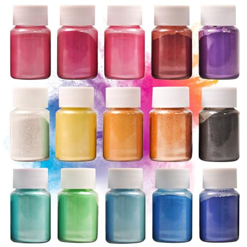 DEWEL Epoxidharz Farbe Mica Pulver Set 15 Farben à 10g, Perlglanz Epoxidharz Pigment metallischer Pulver für Epoxidharz, Seifen, Kerzen, Resin Kunst, Flussbilder, Kosmetik und Nageldesign