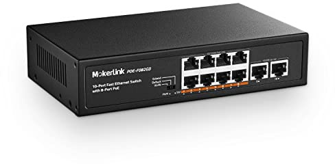 MokerLink 10 Puertos PoE Switch, 8 PoE+ 100Mbps, 2 Gigabit Uplink, 96W 802.3af/at, Metal, Sin Ventilador, Plug & Play Ethernet Switch