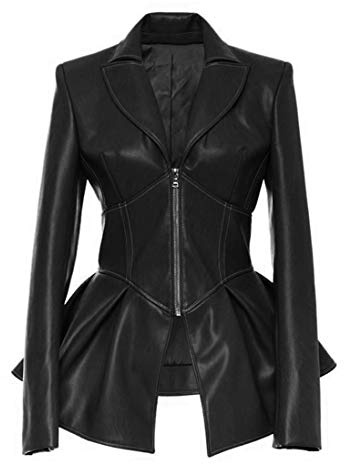 Women's Fashion Perfectly Shaping Zip Up Long Sleeves Faux Leather Biker Jacket Black LXXL/XL 885